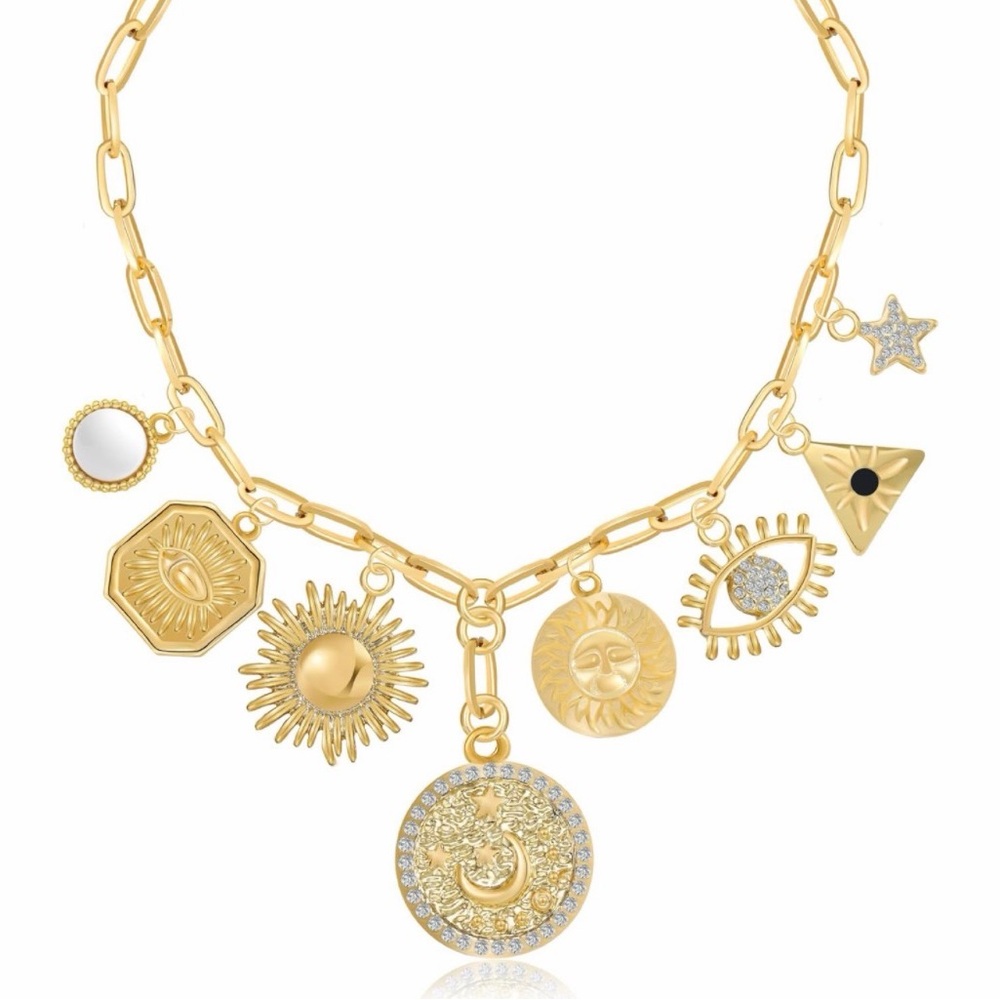 ✨ Gold Charm Paperclip Chain Necklace with Sun and Moon Pendants